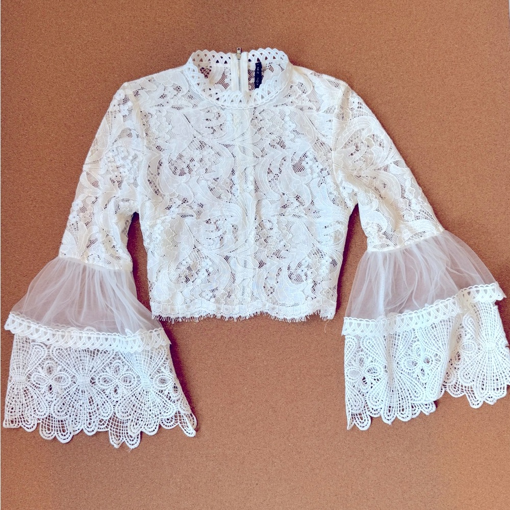 San Joy White Lace Crop Top With Bell Sleeves